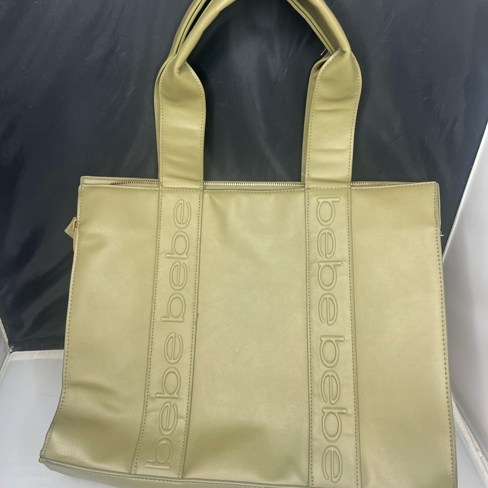Bebe Olive Green Too Double Handle Zippered Handbag Hana Tote Embossed